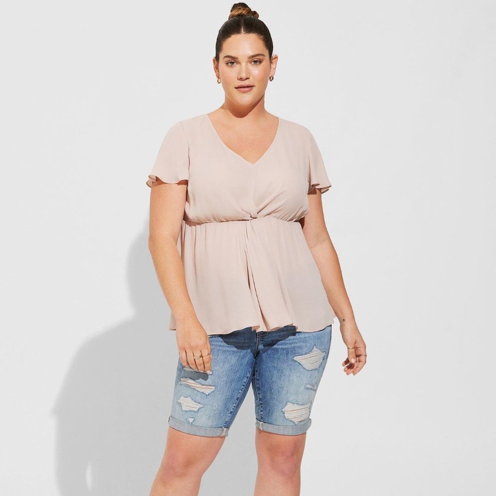 Torrid Georgette Twist Surplice Flutter Sleeve Blouse Details; Mushroom; 0